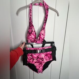 Michael Kors High Waisted Belted Faux Leather Halter Swim Suit Bikini NWOT Large